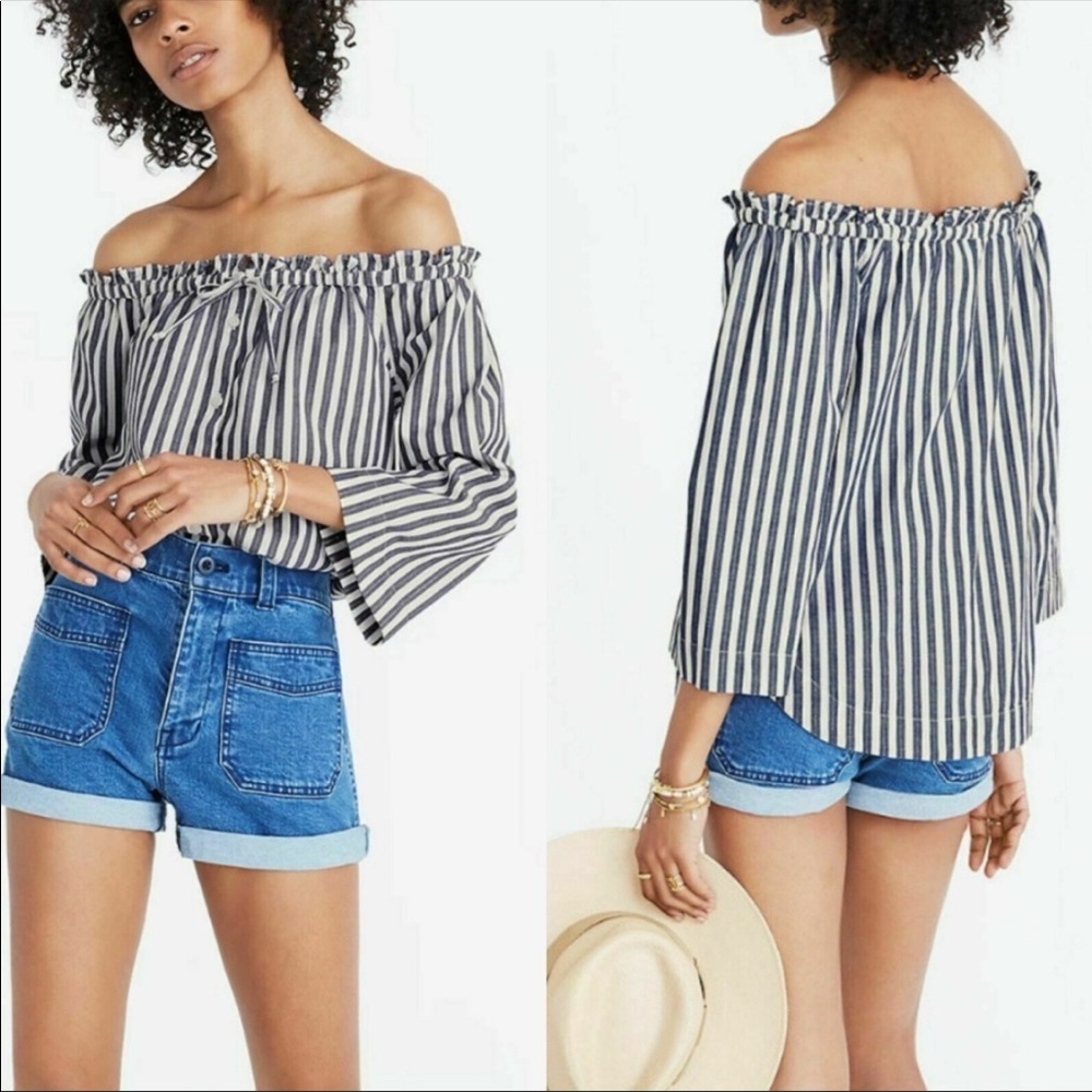 NWT Madewell Shimmer Stripe Off-the-Shoulder Top Button Down Tie